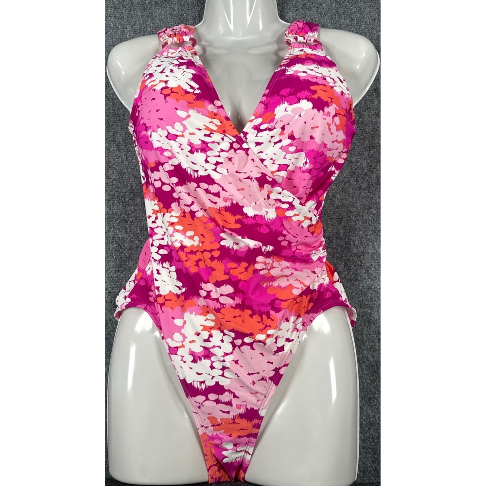 Carmen Marc Valvo Womens Size 10 Pink Floral Wrap One Piece Swimsuit Ruched NWOT